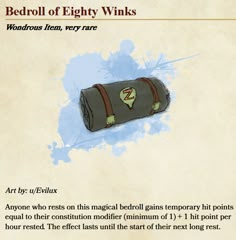 an image of a cartoon character with a barrel on it's back and the words bedroll of eight winks written below