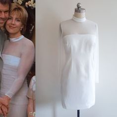 a white dress on a mannequin next to a photo of a man and woman