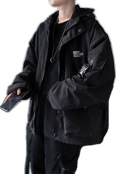 Casual Black Oversized Parka, Urban Long Sleeve Utility Jacket With Pockets, Black Hooded Winter Utility Jacket, Black Hooded Jacket With Pockets For Fall, Black Hooded Jacket With Cargo Pockets For Winter, Black Hooded Jacket With Cargo Pockets For Fall, Fall Black Hooded Jacket With Pockets, Techwear Winter Outerwear With Multiple Pockets, Fall Black Hooded Jacket With Cargo Pockets