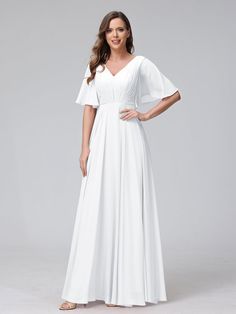 A-Line V-Neck Half Sleeves Long Chiffon Bridesmaid Dresses With Ruffle-Lavetir White V-neck Wedding Dress With Sweep Train, Chiffon A-line Wedding Dress, White V-neck Evening Dress For Prom Season, Chiffon A-line Bridesmaid Dress For Banquet, Chiffon A-line Bridesmaid Dress For Prom Season, Formal Chiffon V-neck Gown, Elegant V-neck Bridesmaid Wedding Dress, Flowy V-neck Dress With Ruched Bodice, Chiffon V-neck Gown For Banquet