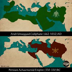 two maps showing the middle east and arabian countries in different colors, each with an emblem on it