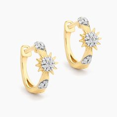 SKU# E-6277 Diamond Weight 0.05cts Earrings Length 10.50 mm Width 5.20 mm. Hinge closure Finish 14k gold plated sterling silver or in sterling silver. Avoid contact with anything containing derivatives of alcohol.