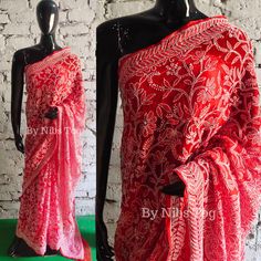 Nibs Tog Red Chikankari Saree Georgette for Women Full work embroidery with Blouse, FREE Body Shaper Key Features: 1. Exquisite Chikankari embroidery covering the entire saree 2. Georgette fabric for a graceful and lightweight drape 3. Comes with a matching blouse for a complete ensemble 4. Intricate hand embroidery showcases traditional craftsmanship 5. Perfect for special occasions, weddings, and festive celebrations 6. A FREE Body Shaper will be included along with the Saree 7. Customized Stitching option available for Blouse Features: Fabric: The Lucknowi Saree is made of Premium Faux Georgette fabric which is super soft & comfortable in wearing. The blouse is also of same Georgette fabric of the same colour to saree. A Petticoat will be added for FREE of cost. You can choose either Bo Chikankari Saree Georgette, Lucknowi Saree, Chikan Saree, Lucknowi Chikankari Saree, Saree Red, Chikankari Saree, Chikankari Embroidery, Saree Georgette, Embroidery Online