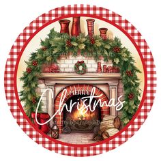 a red and white checkered table cloth with a christmas wreath on top of a fireplace