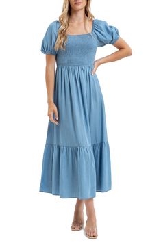 Smocking at the bodice shapes this puff-sleeve midi dress finished with a flounce hem. 47" length Slips on over head Square neck Puff sleeves 100% lyocell Hand wash, line dry Imported Concert Looks, Daytime Dresses, Sweaters And Leggings, Comfortable Dress, Dress Romper, Jeans Dress, Chambray, Sundress, Smocking