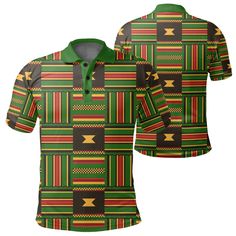 Kente Ghanaian Pattern Polo ShirtAll of our Polo Shirt are custom-made-to-order and handcrafted to the highest quality standards. Crafted in 95% polyester, 5% spandex with your own design which combines comfort and vogue. This shirt has some great features, it has 3 buttons, elastic collar, and cuffs. 12.35 Oz. Made from polyester fabric. 3 buttons, elastic collar, and cuffs. Extremely soft to the touch, durable and breathable. Machine wash cold. The print on the garment body is unable to fade. Green Collared Shirt With All Over Print, Green Collared Top With All Over Print, Fitted Long Sleeve Shirt With Custom Print, Fitted Green Long Sleeve Polo Shirt, Fitted Multicolor Polo Collar Top, Fitted Green Polo Collar Top, Green Casual Polo Shirt With Sublimation Print, Green Polo Collar Shirt With Graphic Print, Fitted Multicolor Polo Shirt