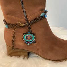 Boot Charm Bracelet Western Shoe Charm Bronze Metal Triple Strand 13”L With Additional 3”L Extender Unbranded Western Fashion Charm Bracelet For Boots A Cute Way To Change The Look Of A Solid Boot Can Be Worn On A Tall Boot, Over The Knee Boot Or An Ankle Boot Or Bootie Triple Strand Of Bronze Metal With A Variety Of Acrylic Blue Beads In Different Sizes And A Floral Painted Metal Medallion Large Lobster Claw Clasp Measures Approximately 13”L With An Additional 3”L Extender Boot Shown In Photos Boot Charm, Boot Charms, Anklets Diy, Western Shoes, Boot Bracelet, Cultured Pearl Bracelet, Boot Bling, Open Cuff Bracelet, Jewelry Diy Bracelets