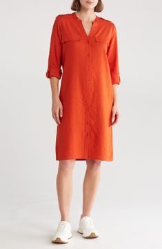 This lightweight linen-blend dress is deisgned with shoulder epaulets and easy front buttons. Front button closure V-neck Long sleeves Chest flap pockets Unlined 55% linen, 45% rayon Machine wash, line dry Imported Relaxed Fit Linen V-neck Dress For Work, V-neck Linen Dress For Workwear With Relaxed Fit, Collared Linen Dress With Buttons For Work, Casual Linen V-neck Shirt Dress, Classic Knee-length Linen Shirt Dress, Fall Linen Shirt Dress For Work, Knee-length Linen Shirt Dress, Classic Linen Shirt Dress With Placket, Casual Button Front Linen Workwear Dress