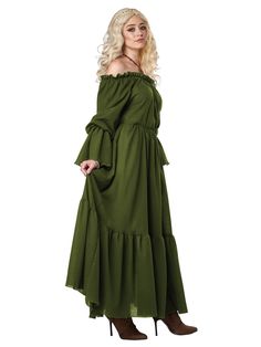 Live the life of a hard-working yet stunning peasant girl this Halloween when you get dressed up in our Olive Renaissance Peasant Chemise Costume for Women. With your purchase, you will receive a gorgeous olive green dress with a styled ruffle design on the sleeves and skirt. Pair this look with a small dagger and a wig from our site, and you'll be ready for whatever comes your way this Halloween. Buy your peasant girl costume today!