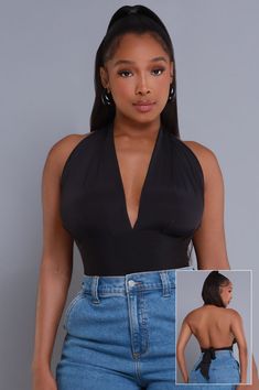 Sleek Fitted Summer Halter Top, Sleek Fitted Halter Top For Summer, Versatile Backless Top For Night Out, Sleek Halter Neck Top For Date Night, Versatile Stretch Backless Halter Top, Chic V-neck Halter Top, Sleek Halter Top For Date Night, Versatile Backless Halter Top With Tie Back, Sleek Halter Neck Top For Night Out