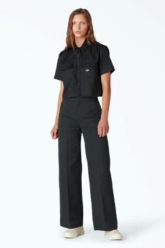 These wide leg work pants offer straightforward styling in a stonewash for a softer hand feel. The contoured waistband ensures a flattering fit with a high rise. Materials: 65% Polyester, 35% Cotton Utility Wide Leg Bottoms For Workwear, Utility Wide Leg Pants With Welt Pockets, Relaxed Fit Wide-leg Utility Pants, Utility Style Relaxed Fit Wide Leg Pants, Relaxed Fit Wide Leg Utility Pants, Utility Wide Leg Pants With Relaxed Fit, Utility Wide-leg Relaxed Fit Pants, Wide Leg Cotton Workwear Bottoms, Utility Wide Leg Bottoms With Relaxed Fit