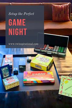 game night items sitting on a coffee table with the words, setup the perfect game night