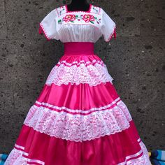 Mexican China Oaxaca Pink Frida Khalo Waits 20’ Strips 18’ Skirt Length 39’ Skirt Only Mexican Pink Dress, Traditional Mexican Dress Jalisco, Mexican Embroidered Skirt, Folklorico Dresses Guanajuato, Folklorico Dresses, Traditional Cotton Embroidered Fiesta Dress, Mexican Outfit, Disney Princess Party, Mexican Dresses