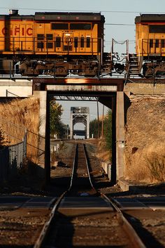 the train is going down the tracks under the bridge and into the distance are two sets of railroad tracks