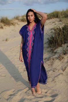 Spring Spring Kaftan Blue Zahra Boho Caftan | Etsy Traditional Pink Kaftan For Beach Cover-up, Embroidered Kaftan With Kimono Sleeves For Beach, Traditional Maxi Dress For Beach Eid, Traditional Maxi Dress For Eid Beach Outing, Traditional Maxi Dress For Eid Beach Occasion, Bohemian Style Long Purple Thobe, Traditional Eid Maxi Dress For Beach, Purple Bohemian Long Thobe, Free Size Beach Kaftan For Resort