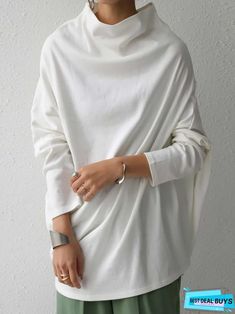 Long Sleeve Cotton-Blend Sweatshirt White Stretch Long Sleeve Top For Fall, Casual White Turtleneck T-shirt, Plain Tops For Layering In Fall, White Layering Tops, White Tops For Layering, White Oversized Turtleneck Sweatshirt, Oversized White Turtleneck Sweatshirt, Casual White Solid Color Sweater, White Sweater For Spring