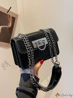 Bird in Bag - Womens Chain Shoulder Bag Black Square Bag With Chain Strap, Black Satchel Bag With Chain Strap, Black Rectangular Shoulder Bag With Chain, Black Square Shoulder Bag With Chain Strap, Black Bags With Chain Strap For Daily Use, Trendy Black Bags With Metal Hardware, Black Satchel Shoulder Bag With Chain Detail, Everyday Black Bags With Gold Chain, Black Square Shoulder Bag With Chain