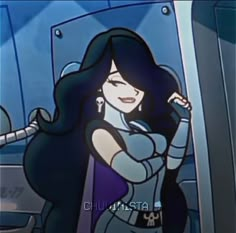 an animated image of a woman with long black hair