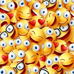 many yellow emoticions with different eyes and nose shapes are grouped together to form a pattern