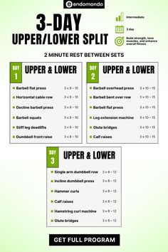 the three day upper / lower split workout plan is shown in green and black colors