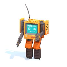 an orange and black robot holding a knife