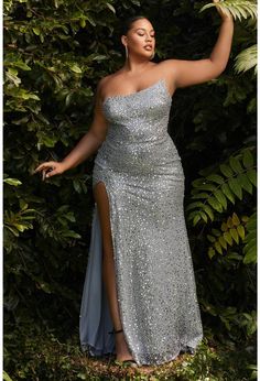 Plus Size Silver Evening Gowns, Plus Size Sparkle Dress, Strapless Sequin Dress, Cinderella Divine, Plus Size Gowns, Plus Size Prom, Sequin Evening Dresses, Asymmetric Neckline, Maxi Gown