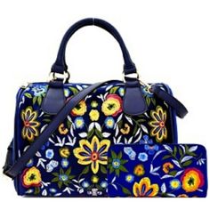 Color: Multi Size: Medium Handle: 5'' | Shoulder Strap: Standard Dimensions - 12"L X 13"W X 7"H Closure: Zipper Material: Velour Details: Navy Blue Fabric Interior - 2 Slot Pockets | 1 Zip Pocket Interior/Exterior | Shoulder Strap Embroidered Velvet, Velvet Flowers, Navy Blue Fabric, Embroidery Floral, Shoulder Handbag, Leather Satchel, Embroidered Flowers, Crossbody Strap, Shoulder Handbags