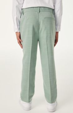 Keep your kid polished in these comfy dress pants that rise to every occasion. Zip fly with button closure Front slant pockets; back welt pocket 82% polyester, 17% viscose, 1% elastane Machine wash, tumble dry Imported Classic Green Stretch Bottoms, Classic Stretch Dress Pants For Summer, Summer Formal Stretch Dress Pants, Spring Business Casual Full-length Dress Pants, Spring Formal Dress Pants, Slim Fit Solid Color Dress Pants For Spring, Tailored Full-length Green Bottoms, Slim Fit Solid Dress Pants For Spring, Spring Slim Fit Pants With Button Closure