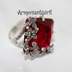 Armenian jewelry Red stone rings Silver with big stone Marcasite jewelry Beatiful ring red stone STE Adjustable Red Formal Jewelry, Red Cubic Zirconia Jewelry Gift, Red Stone Setting Rings For Wedding, Elegant Adjustable Rings With Jewels, Elegant Party Jewelry With Stone Setting, Wedding Jewelry With Stone Setting In Sterling Silver, Red Wedding Rings With Stone Setting, Elegant Anniversary Jewelry With Gemstone Accents, Unique Party Jewelry Ring