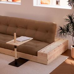 a living room with a couch, coffee table and potted plant on the floor