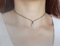 Dainty Adjustable Moonstone Necklace, Minimalist Jewelry With Adjustable Cord For Festival, Adjustable Moonstone Choker Necklace, Adjustable Moon Charm Choker As A Gift, Adjustable Moon Charm Choker For Gift, Minimalist Adjustable Hand Wrapped Necklaces, Handmade Minimalist Jewelry With Waxed Cord, Boho Choker Necklace, Cord Lace