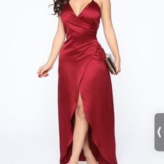 Brand New Flirty V-neck Maxi Dress For Evening, Satin V-neck Party Dress, Chic Red Sleeveless Satin Dress, Red Sleeveless Satin Dress For Night Out, Red Satin Dress For Date Night, Red Satin Maxi Dress For Party, Red Satin Dress For Summer Night Out, Red Satin Dress For Spring Formal, Flirty Sleeveless Satin Dress For Party