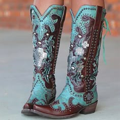 Category:Boots; Upper Materials:PU; Embellishment:Embroidery,Rivet; Season:Winter; Heel Type:Chunky Heel,Block Heel; Gender:Women's; Toe Shape:Pointed Toe,Square Toe; Type:Knee High Boots; Style:Fashion,Elegant,Vintage,Classic; Heel Height(inch):2-3; Outsole Materials:Rubber; Occasion:Daily,Work,Outdoor; Closure Type:Zipper; Pattern:Color Block; Listing Date:11/25/2023; 2024 Trends:Cowboy Boots,Plus Size; Heel Height:Mid Heel Turquoise Boots, Knee High Western Boots, Dressy Boots, Tassel Heels, Jingle Dress, African Shoes, Cattle Brands, Rider Boots, Bota Country