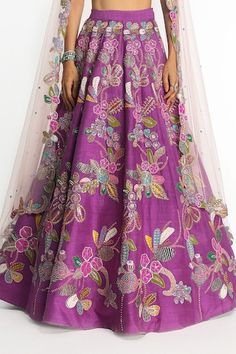 Eminence lehenga with floral applique embellishment in bead, sequin, zari thread work. Paired with sleeveless embellished blouse and cutwork bordered dupatta. - Aza Fashions Tissue Silk Lehenga With Floral Embroidery For Navratri, Tissue Silk Lehenga With Floral Embroidery For Reception, Raw Silk Dress With Multicolor Embroidery For Wedding, Purple Anarkali Set With Floral Embroidery, Multicolor Embroidered Raw Silk Dress For Wedding, Multicolor Tissue Silk Dress For Wedding, Floral Embroidered Tissue Silk Lehenga For Reception, Multicolor Tissue Silk Wedding Dress, Festive Tissue Silk Lehenga With Floral Embroidery