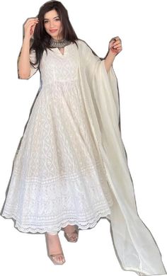 Navratri Anarkali Set With Traditional Drape, Bollywood Churidar With Cutdana, Off White Traditional Wear With Dabka Work, Fitted Off-white Anarkali Set, Fitted Off White Anarkali Set With Cutdana, Long Cutdana Sharara, Eid Anarkali Set In Traditional Drape, White Traditional Wear For Diwali, Floor-length Chikankari Embroidery Sharara