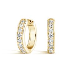 Luxe Diamond Huggie Earrings - 18K Yellow Gold. These glamorous huggie hoop earrings feature a row of dazzling prong-set diamonds set in lustrous gold. Secured with hinged latch backs, these diamond earrings are perfect for every day wear. Wedding Huggie Earrings With Diamond Pave Setting, Gold Huggie Earrings With Pave Setting For Wedding, Wedding Huggie Earrings With Pave Setting, Wedding Hoop Huggie Earrings With Single-cut Diamonds, Dazzling Yellow Gold Hoop Earrings With Prong Setting, Yellow Gold Huggie Earrings For Wedding With Round Cut, Gold Huggie Earrings With Pave Setting, Classic Pave Setting Huggie Earrings For Anniversary, Wedding Pave Setting Round Huggie Earrings