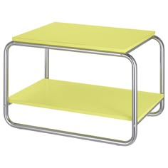 a yellow side table with metal legs and a shelf on the bottom that has two shelves underneath it