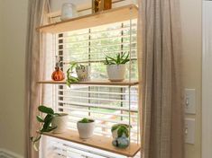 some plants are sitting on top of the shelves in this window sill with blinds