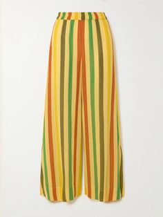 The vibrant stripes that decorate Suzie Kondi's 'Elira' pants are inspired by summer sunsets. Modeled on '70s palazzo styles, they're made from airy cotton-gauze with breezy wide legs and a comfortable elasticated waist. You'll find the matching shirt in our edit, too. Summer Vertical Striped Pants, Summer Beach Pants With Vertical Stripes, Beach Pants With Vertical Stripes And Wide Leg, Summer Vacation Pants With Vertical Stripes, Chic Vertical Stripes Pants For Vacation, Beach Wide Leg Bottoms With Vertical Stripes, Chic Striped Pants For Vacation, Green Bottoms With Vertical Stripes For Summer, Summer Pants With Vertical Stripes