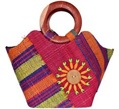 African Hand Woven Raffia Fibers Handbag with Wooden Handle - Afrilege Souvenir Bags, Wooden Clothespin Crafts, Ankara Bags, African Bag, Handwoven Bag, African Accessories, Ethnic Bag, Modern Bag, Printed Handbags