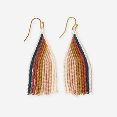 Audrey Vertical Stripe Petite Beaded Fringe Earrings Desert Fringe Earrings Sundress And Sandals, Desert Color Palette, Unique Handmade Earrings, Desert Colors, Beaded Fringe Earrings, Human Hands, Human Hand, Beaded Fringe, Boho Casual