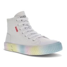 Embrace the high-top, skate shoe trend without giving up your own unique style with these Levi’s sneakers. The retro-inspired lace-up design is paired perfectly with durable vegan materials and a bold, vibrant outsole, making these sneakers the ideal balance of old-school style and modern flair. Whether you’re headed into work or meeting up with friends, these shoes will keep your feet relaxed and supported all day long thanks to their ultra-comfy footbed and shock-absorbing outsole. Complete wi Skater Sneakers, Shoe Warehouse, Hightop Sneakers, Women's Tie, Casual Sneakers Women, Round Toe Heels, Womens Tie, School Fashion, Designer Sneakers