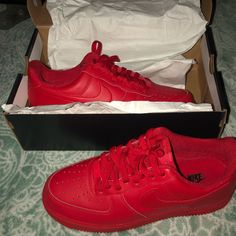 Worn Once For A Party. Size 8.5 Red Air Force Ones Red Sneakers With Perforated Toe Box For Streetwear, Red Low-top Sneakers, Red Custom Lace-up Sneakers With Perforated Toe Box, Red Lace-up Custom Sneakers With Perforated Toe Box, Nike Air Force 1 With Red Sole Lace-up, Nike Air Force 1 Lace-up With Red Sole, Red Nike Air Force 1 With Cushioned Footbed, Red Nike Air Force 1 Lace-up Sneakers, Nike Air Force 1 Red Round Toe