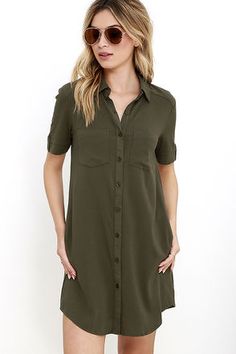 Oxford Comma Olive Green Shirt Dress at Lulus.com! Green Shirt Dress Outfit, Olive Green Shirt Dress, Oxford Comma, Olive Green Shirt, Army Green Dress, Shirt Dress Outfit, Green Shirt Dress, Olive Dress, Olive Green Dresses