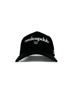 Get ready to level up your headwear game with the No Sleep Club Hat - All Black. Featuring a premium 5-panel design, seamless structured front panel, and an adjustable snapback closure, this hat is made from 100% cotton and is adorned with an embroidered logo on the front and side. Stay stylish and comfortable with this must-have hat. Black Snapback Hat With Curved Bill For Streetwear, Black Trucker Hat With Curved Visor For Streetwear, Black Curved Brim Snapback Hat For Streetwear, Adjustable Trucker Hat With Curved Bill For Streetwear, Black Cotton Snapback Hat, Hip Hop Snapback Hat With Curved Visor, Black Curved Bill Hat For Streetwear, Streetwear Hat With Embroidered Logo And Curved Visor, Urban Style Black Snapback Hat With Curved Bill