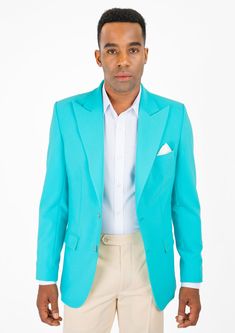 Dive into style with this one-of-a-kind Hudson Aqua Blue Stretch Jacket! This custom made blazer is made with aqua blue stretch cotton fabric for a vibrant look that's sure to get noticed. Fitted Green Cotton Blazer, Tailored Light Blue Long Sleeve Blazer, Blue Fitted Blazer With Notch Lapel, Elegant Blue Cotton Outerwear, Fitted Single-breasted Blue Blazer, Fitted Blue Sport Coat For Spring, Blue Fitted Sport Coat, Blue Cotton Notch Lapel Suit, Blue Cotton Sport Coat With Lapel Collar