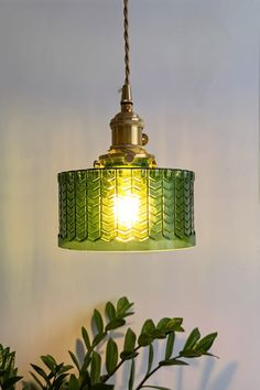 a green lamp hanging from a ceiling next to a potted plant