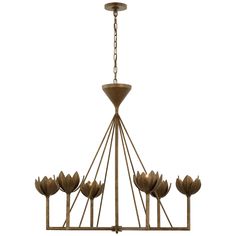 a chandelier with five lights hanging from it's center and four flowers on the bottom