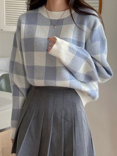 Blue and White Casual  Long Sleeve Acrylic Gingham Pullovers Embellished Slight Stretch Spring/Fall Women Knitwear Cute Flannel Sweaters, Shein Knit Sweater, Athetic Sweaters, Preppy Oversized Sweaters, Beige Plaid Sweater, Cheap Harajuku Style Skort For Spring, Plus Size Light Acadamia, Jumpers For Women Uk, Sweater With Tie Women