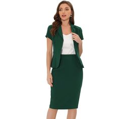 Looking for a sophisticated and elegant outfit for the workplace? Look no further than this classy top and pencil skirt set! With a notch lapel and an elastic waistband pencil skirt, this set is the perfect combination of comfort and style. Dress it up for a business meeting or keep it professional for a day in the office. This versatile set is also suitable for a variety of occasions, including school, interviews, evening parties, and even daily wear. So why wait? Add this must-have set to your Tailored Knee-length Skirt Suit For Formal Occasions, Elegant Short Sleeve Blazer For Business Casual, Elegant Green Skirt Suit For Workwear, Green Fitted Skirt Suit For Formal Occasions, Tailored Pencil Skirt Suit For Office Wear, Tailored Pencil Skirt Suit For Workwear, Elegant Fitted Short Sleeve Blazer, Chic Fitted Green Skirt Suit, Elegant Office Pencil Skirt Suit